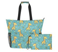 MCHIVER Giraffes Flowers Blue Pattern Large Beach Bag for Women Waterproof Sandproof Pool Shoulder Bag with Wet Pocket for Sports Gym