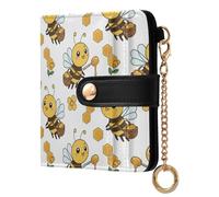 MCHIVER Honey Bees White Pattern Women Wallet RFID Blocking Compact Cash Credit Card Holder for Women PU Leather Bifold Cash Zipper Coin Pocket with ID Window for Female Ladies