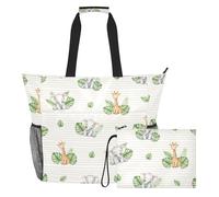 MCHIVER Jungle Animals Elephant White Print Large Beach Bag for Women Waterproof Sandproof Pool Bag with Wet Pocket for Family Travel