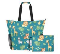 MCHIVER Jungle Animals Leaves Blue Pattern Large Beach Bag for Women Waterproof Sandproof Swim Pool Beach Tote with Wet Pocket for Gym