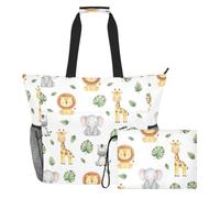 MCHIVER Jungle Animals Leaves White Print Large Beach Bag for Women Waterproof Sandproof Carry On Bag with Wet Pocket for Weekender Travel