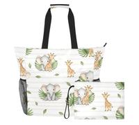 MCHIVER Jungle Elephant Giraffe White Print Large Beach Bag for Women Waterproof Sandproof Swim Pool Bag with Wet Pocket for Weekender Travel