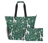 MCHIVER Jungle Giraffe Leaves Green Pattern Large Beach Bag for Women Waterproof Sandproof Pool Travel Bag with Wet Pocket for Family Outdoor