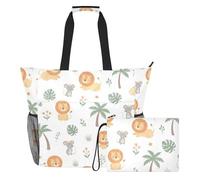 MCHIVER Jungle Lion White Pattern Large Beach Bag for Women Waterproof Sandproof Travel Beach Bag with Wet Pocket for Gym