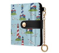 MCHIVER Lighthouse Blue Seagull Print Women Wallet RFID Blocking Card Holder for Women PU Leather Zipper Coin Pocket with ID Window for Female Ladies