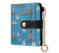 MCHIVER Lighthouse Sailboats Blue Print Women Wallet RFID Blocking Travel Wallet for Women PU Leather Zipper Coin Pocket with ID Window for Female Ladies