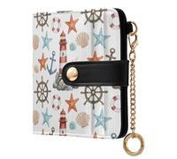 MCHIVER Lighthouse Starfish White Pattern Women Wallet RFID Blocking Card Holder Wallet for Women PU Leather Bifold Zipper Coin Pocket with ID Window for Female Ladies