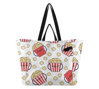 MCHIVER Movie Night Popcorn White Pattern Reusable Grocery Bags 32L Large Foldable Tote Bags with Long and Short Handles for Beach Holiday Travel