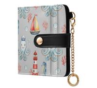 MCHIVER Ocean Animal Lighthouse Gray Print Women Wallet RFID Blocking Pocket Wallet Ladies Purse for Women PU Leather Zipper Coin Pocket with ID Window for Female Ladies
