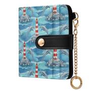 MCHIVER Ocean Lighthouse Dolphin Blue Print Women Wallet RFID Blocking Pocket Wallet Ladies Purse for Women PU Leather Bifold Purse Card Holder with ID Window for Female Ladies