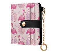 MCHIVER Pink Flamingos Leaves Pattern Women Wallet RFID Blocking Card Holder for Women PU Leather Bifold Zipper Coin Pocket with ID Window for Female Ladies