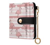 MCHIVER Pink Stripes Flamingos Pattern Women Wallet RFID Blocking Cash Credit Card Holder for Women PU Leather Bifold Cash Zipper Coin Pocket with ID Window for Female Ladies