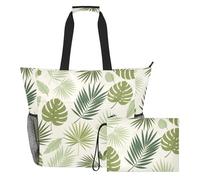 MCHIVER Plants Tropical Leaves White Pattern Large Beach Bag for Women Waterproof Sandproof Pool Bag with Wet Pocket for Gym