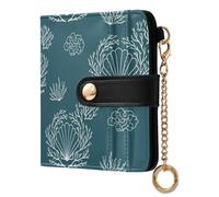 MCHIVER Seashell Seaweed Teal Pattern Women Wallet RFID Blocking Pocket Wallet Ladies Purse for Women PU Leather Bifold Purse Card Holder with ID Window for Female Ladies