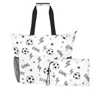 MCHIVER Soccer Ball Lightning Floral White Pattern Large Beach Bag for Women Waterproof Sandproof Carry On Bag with Wet Pocket for Family Outdoor