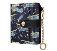 MCHIVER Space Airplane Black Pattern Women Wallet RFID Blocking Travel Wallet for Women PU Leather Bifold Purse Card Holder with ID Window for Female Ladies