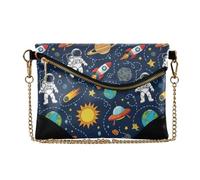 MCHIVER Space Astronaut Spaceship Black Pattern Clutch Purse for Women Ladies PU Leather Envelope Purse with Chain Strap