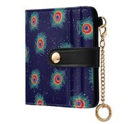 MCHIVER Space Feathers Peacock Blue Pattern Women Wallet RFID Blocking Pocket Wallet Ladies Purse for Women PU Leather Bifold Purse Card Holder with ID Window for Female Ladies