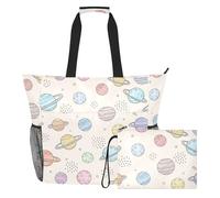 MCHIVER Space Planets Moons Beige Print Large Beach Bag for Women Waterproof Sandproof Swim Pool Beach Tote with Wet Pocket for Family Travel