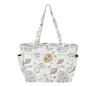 MCHIVER Space Planets Moons White Pattern Quilted Tote Bag for Women Lightweight Weekender Bag with Compartments Large Puffy Shopper Handbag for Gym Work