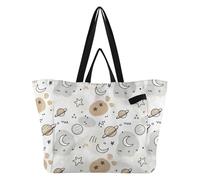 MCHIVER Space Planets Moons White Print Reusable Grocery Bags 32L Large Shopping Totes with Long and Short Handles for Women Groceries