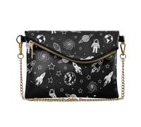 MCHIVER Space Spaceship Astronaut Black Pattern Clutch Purse for Women Ladies PU Leather Crossbody Bag with Chain Strap