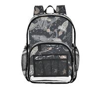 MCHIVER Space Spaceship Planet Black Print Clear Backpack Stadium Approved 10.6x5.1x15.7 PVC Transparent Backpacks for Stadium Concert Work