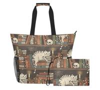 MCHIVER Spooky Library Cat Brown Pattern Large Beach Bag for Women Waterproof Sandproof Beach Tote Bag with Wet Pocket for Weekender Travel