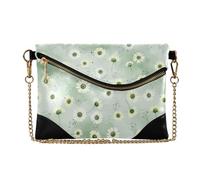 MCHIVER Spring Daisies Flowers Green Print Clutch Purse for Women Ladies PU Leather Card Shoulder Bag with Chain Strap
