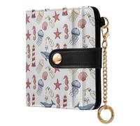 MCHIVER Starfish Lighthouse Whale White Pattern Women Wallet RFID Blocking Travel Wallet for Women PU Leather Cash Zipper Coin Pocket with ID Window for Female Ladies