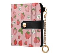 MCHIVER Strawberries Flowers Pink Print Women Wallet RFID Blocking Cash Credit Card Holder for Women PU Leather Bifold Purse Card Holder with ID Window for Female Ladies