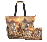 MCHIVER Sunset Horse Castle Orange Pattern Large Beach Bag for Women Waterproof Sandproof Pool Travel Bag with Wet Pocket for Gym