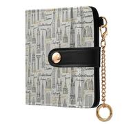 MCHIVER Towers Buildings White Print Women Wallet RFID Blocking Compact Cash Credit Card Holder for Women PU Leather Bifold Purse Card Holder with ID Window for Female Ladies