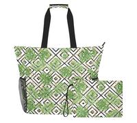 MCHIVER Tropical Leaves Chains White Pattern Large Beach Bag for Women Waterproof Sandproof Beach Tote with Wet Pocket for Family Travel