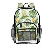 MCHIVER Tropical Leaves Flowers White Pattern Clear Backpack Stadium Approved 10.6x5.1x15.7 Transparent Backpack for Concert Sport Events Festival