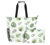 MCHIVER Tropical Leaves Plants White Pattern Large Beach Bag for Women Waterproof Sandproof Pool Shoulder Bag with Wet Pocket for Family Outdoor