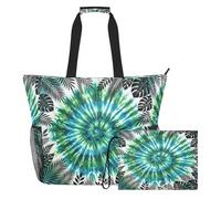 MCHIVER Tropical Leaves White Pattern Large Beach Bag for Women Waterproof Sandproof Pool Travel Bag with Wet Pocket for Gym