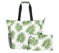 MCHIVER Tropical Leaves White Print Large Beach Bag for Women Waterproof Sandproof Beach Tote with Wet Pocket for Sports Gym