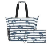 MCHIVER Tropical Palms Stripes White Pattern Large Beach Bag for Women Waterproof Sandproof Beach Tote with Wet Pocket for Family Outdoor
