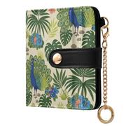 MCHIVER Tropical Peacock Leaves Beige Pattern Women Wallet RFID Blocking Card Holder Wallet for Women PU Leather Bifold Zipper Coin Pocket with ID Window for Female Ladies