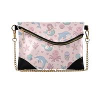 MCHIVER Underwater Mermaids Dolphins Pink Print Clutch Purse for Women Ladies PU Leather Envelope Clutch Bag with Chain Strap