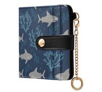 MCHIVER Underwater Sharks Coral Blue Print Women Wallet RFID Blocking Card Holder for Women PU Leather Cash Zipper Coin Pocket with ID Window for Female Ladies