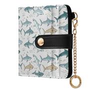 MCHIVER Underwater Sharks Ocean White Print Women Wallet RFID Blocking Compact Cash Credit Card Holder for Women PU Leather Bifold Zipper Coin Pocket with ID Window for Female Ladies