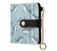 MCHIVER Underwater Sharks Stars Blue Pattern Women Wallet RFID Blocking Compact Cash Credit Card Holder for Women PU Leather Bifold Cash Zipper Coin Pocket with ID Window for Female Ladies