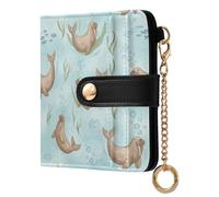 MCHIVER Underwater Walrus Seaweed Blue Pattern Women Wallet RFID Blocking Credit Card Wallet for Women PU Leather Bifold Zipper Coin Pocket with ID Window for Female Ladies