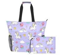MCHIVER Unicorns Cupcakes Purple Pattern Large Beach Bag for Women Waterproof Sandproof Beach Tote Bag with Wet Pocket for Family Outdoor
