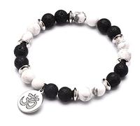 MCHK Beaded Bracelets,Natural White Turquoise Beaded Bracelets,Black Lava Stone Beads Silver 3D Pendant Bangles,Elastic Crystal Bracelet Reiki Crystal Jewelry for Men Women