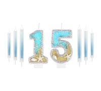 mciskin 15th Birthday Candles for Cake, Silver Shell Sequins, Boys Girls 15th Birthday Decorations, Mermaid Themed, Gold Blue Number 15, Unscented