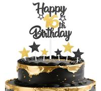 mciskin Black Gold 16th Birthday Decorations Boy,Black and Gold Party Decorations,Personalised Cake/Cupcake Toppers Decorate,Glitter Happy 16th Birthday Cake Toppers for Girl Boy Party Favor Supplies