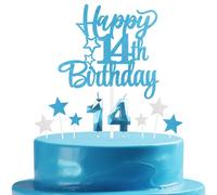 mciskin Blue 14th Birthday Candles Cake Toppers Set,3D Number 14 Candle for Cake,Light Blue Candles Silver Star Toppers for Girls Boys 14th Birthday Decorations Party Supplies